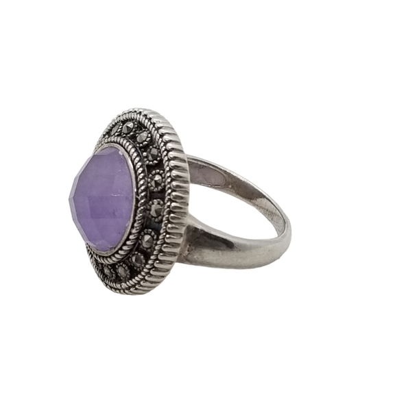 VINTAGE STERLING SILVER RING SET WITH MARCASITE &  GENUINE AMETHYST GEMSTONE - Picture 5 of 8